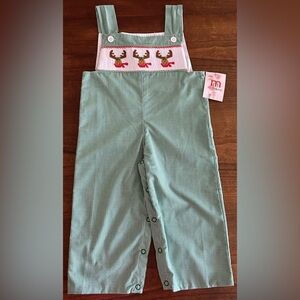 NWT Mom & Me Smocked Reindeer Green Plaid  Overalls 18M